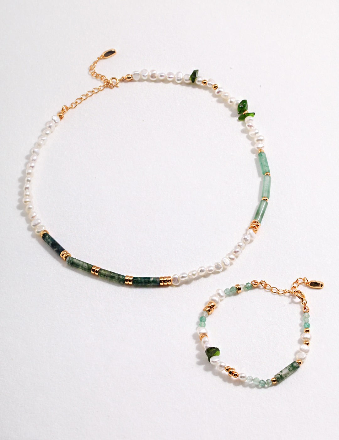 Unique Silver Pearl Necklace and Bracelet Set - Vintage Gold with Green Jade Accents