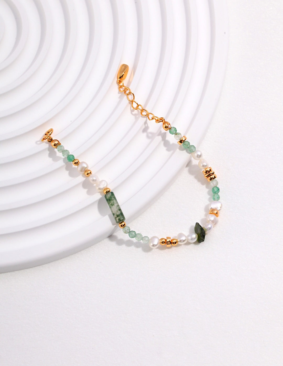 Unique Silver Pearl Necklace and Bracelet Set - Vintage Gold with Green Jade Accents