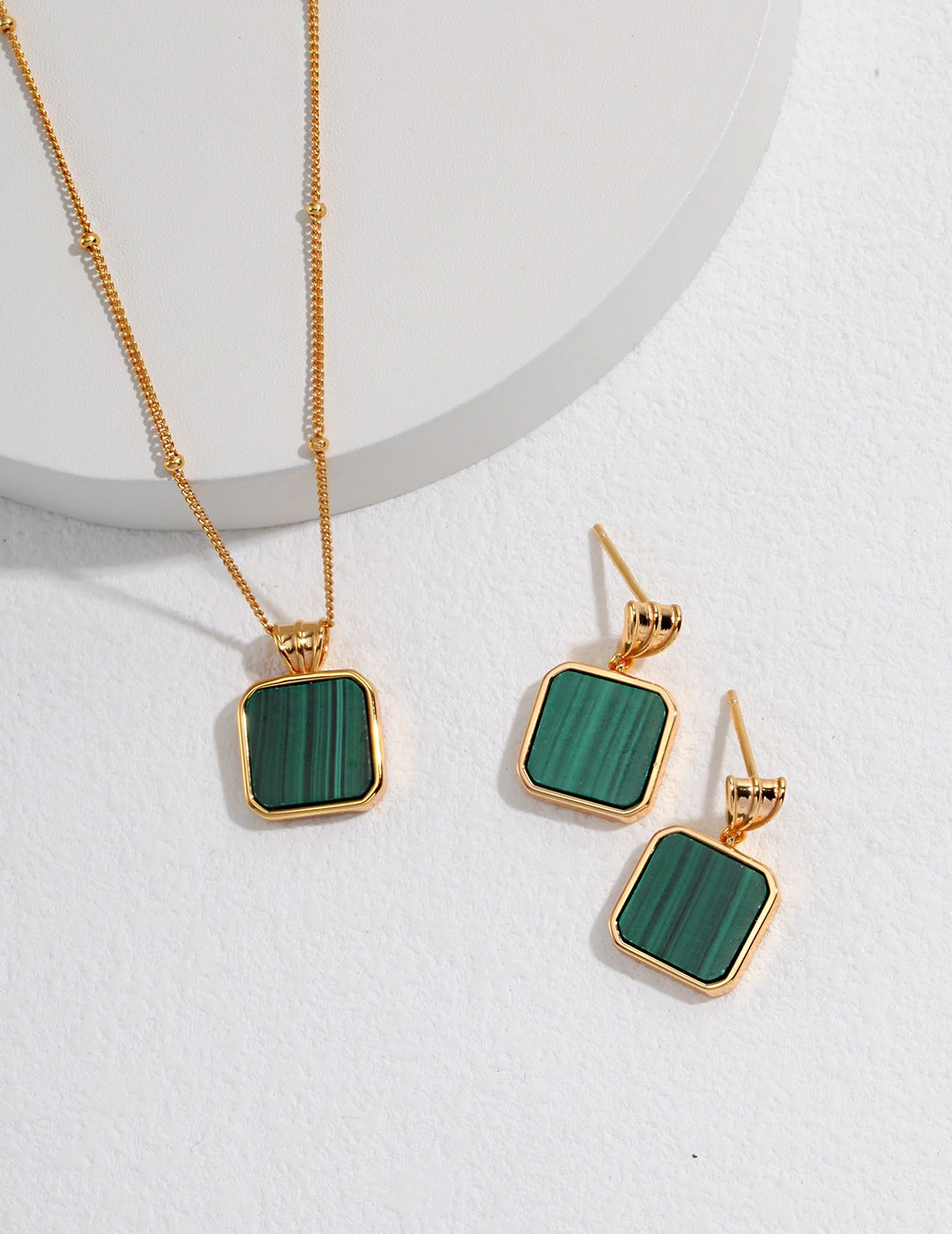 Elegant S925 Silver Malachite Necklace and Earrings Set - Vintage Gold Design