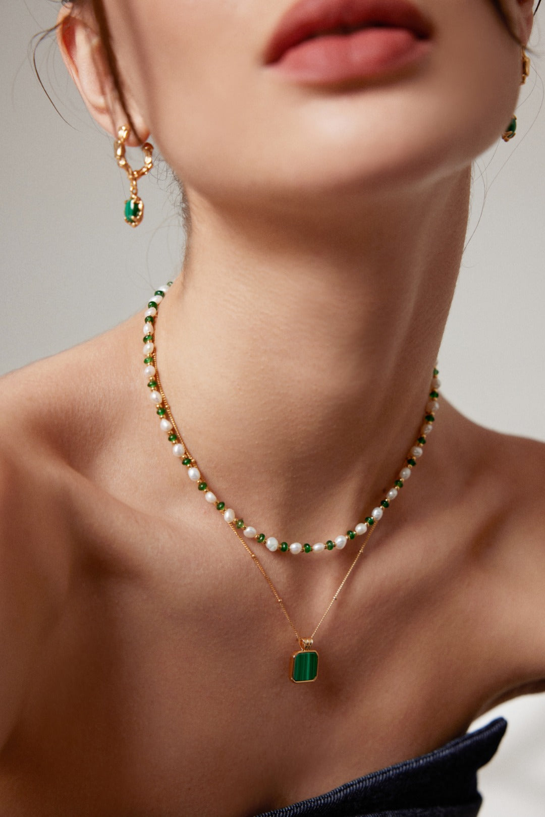 Elegant S925 Silver Malachite Necklace and Earrings Set - Vintage Gold Design