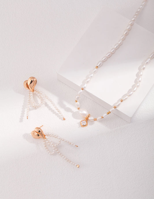 Enchanting Love: Sterling Silver Pearl Necklace and Earrings