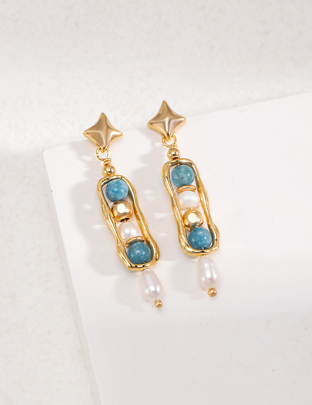 Mystical Fusion: Vintage Gold and Blue Earrings with White Pearls