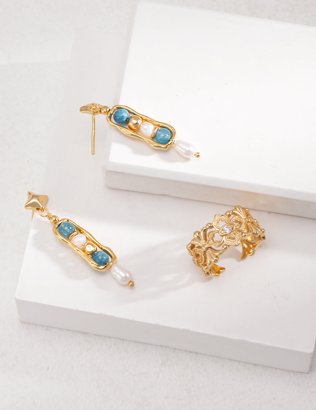 Mystical Fusion: Vintage Gold and Blue Earrings with White Pearls