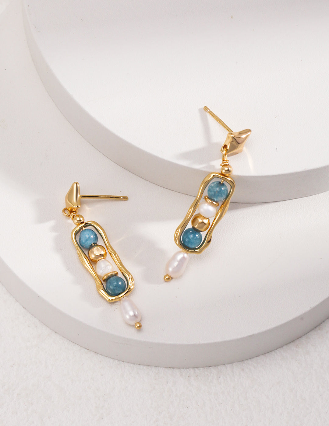 Mystical Fusion: Vintage Gold and Blue Earrings with White Pearls