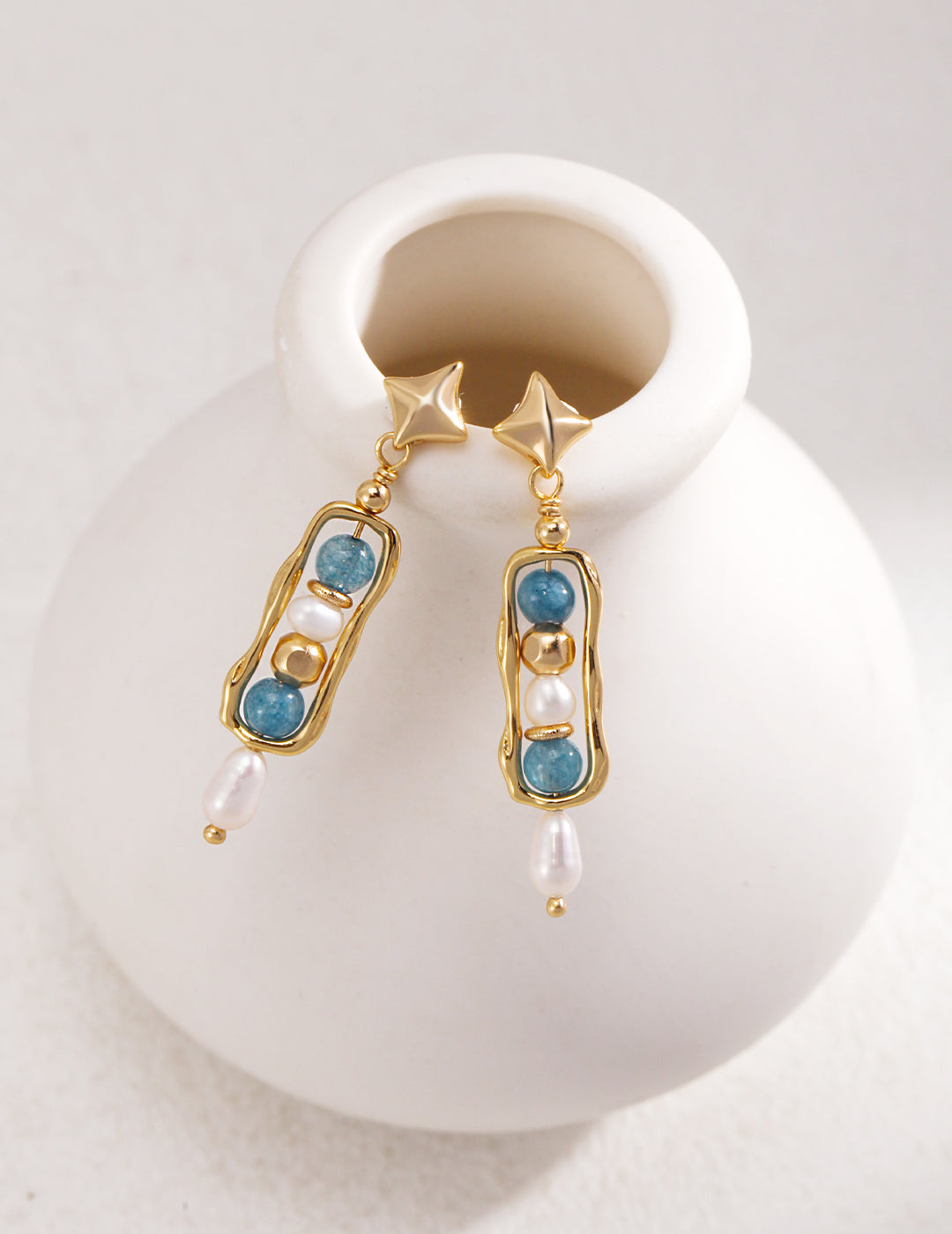 Mystical Fusion: Vintage Gold and Blue Earrings with White Pearls
