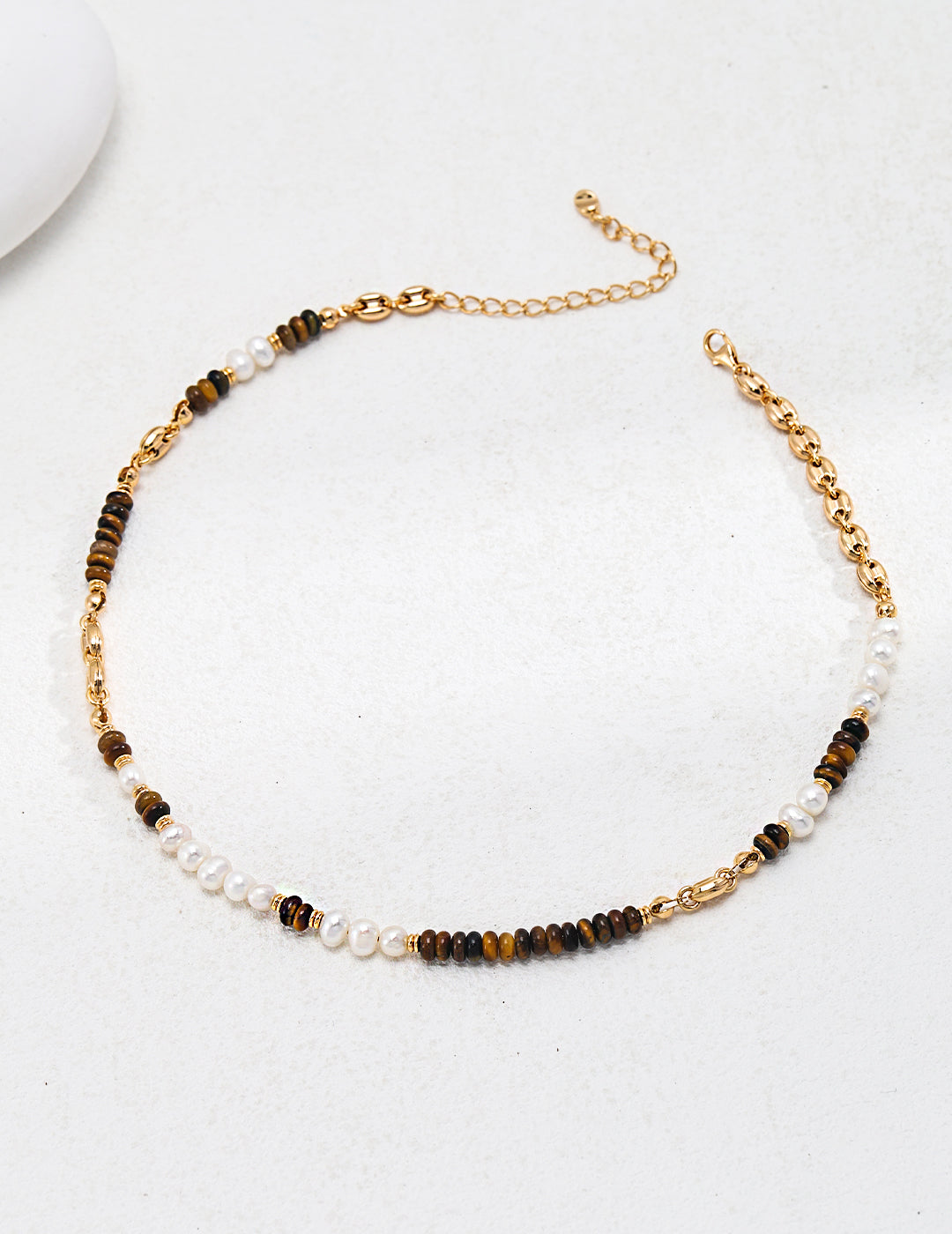 Silver Tiger Eye Stone Pearl Necklace - Vintage Gold, Tropical Vibes, 37cm + 7cm Extension