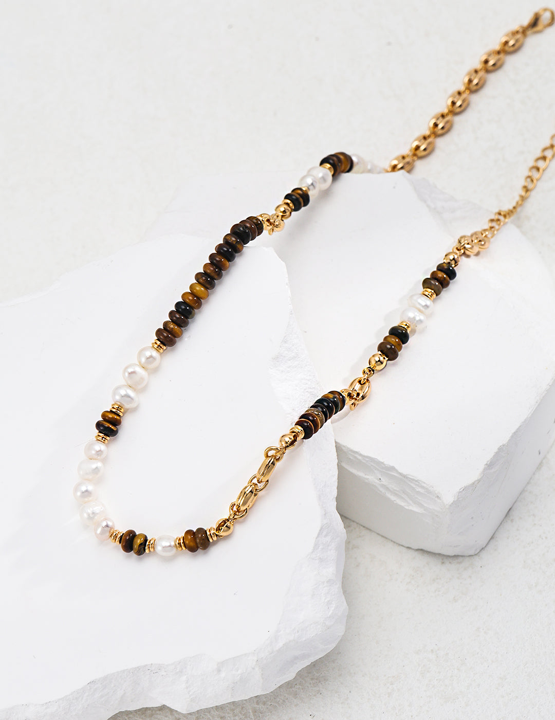 Silver Tiger Eye Stone Pearl Necklace - Vintage Gold, Tropical Vibes, 37cm + 7cm Extension