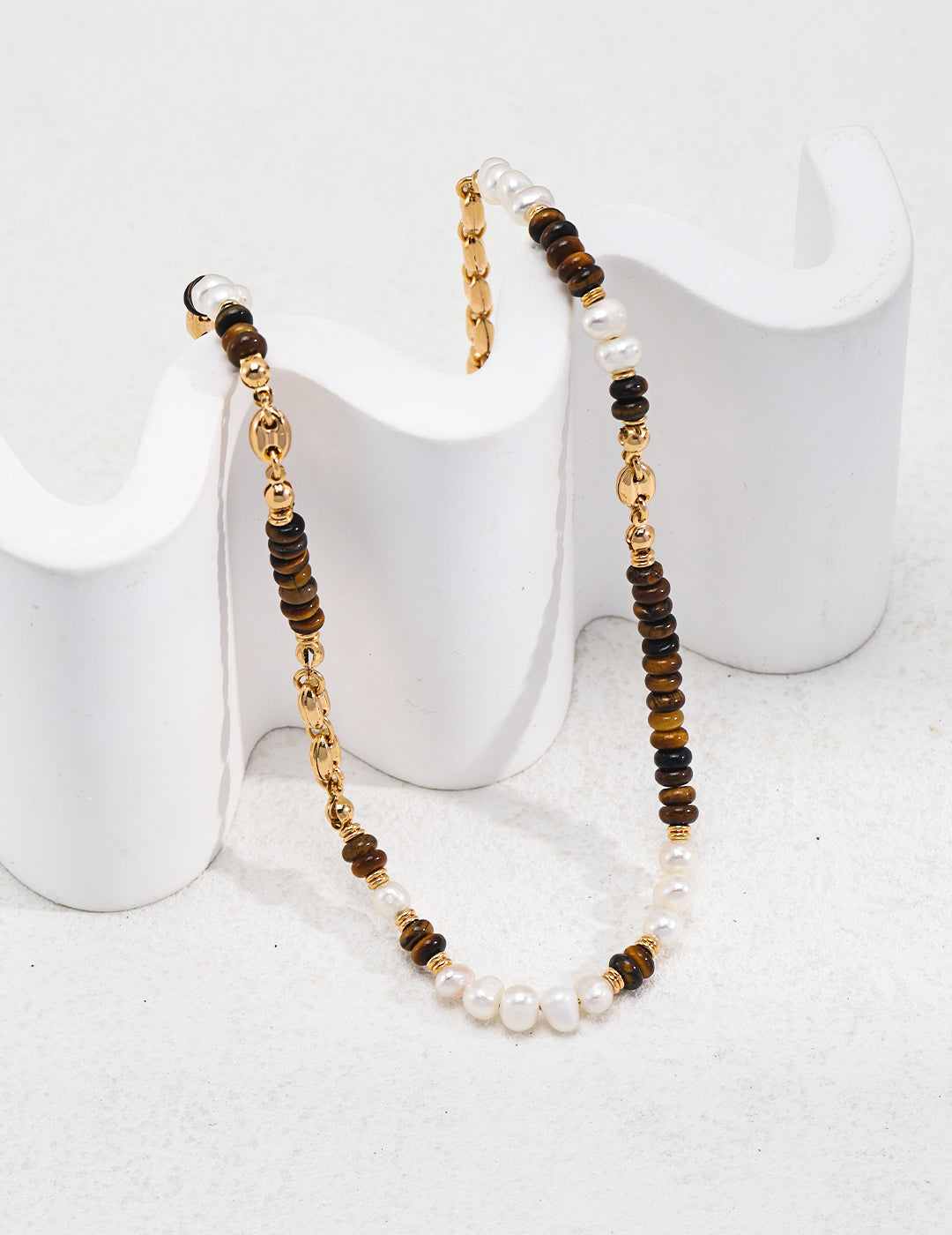 Silver Tiger Eye Stone Pearl Necklace - Vintage Gold, Tropical Vibes, 37cm + 7cm Extension