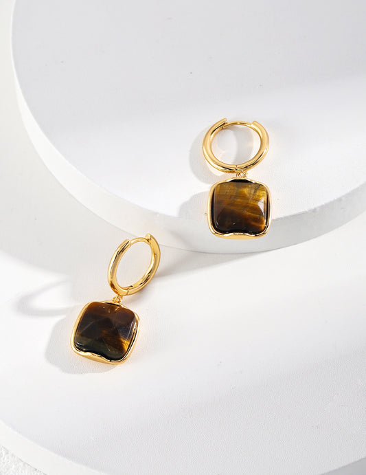 Glamorous Aura: Pure Silver Tiger's Eye Earrings in Vintage Gold