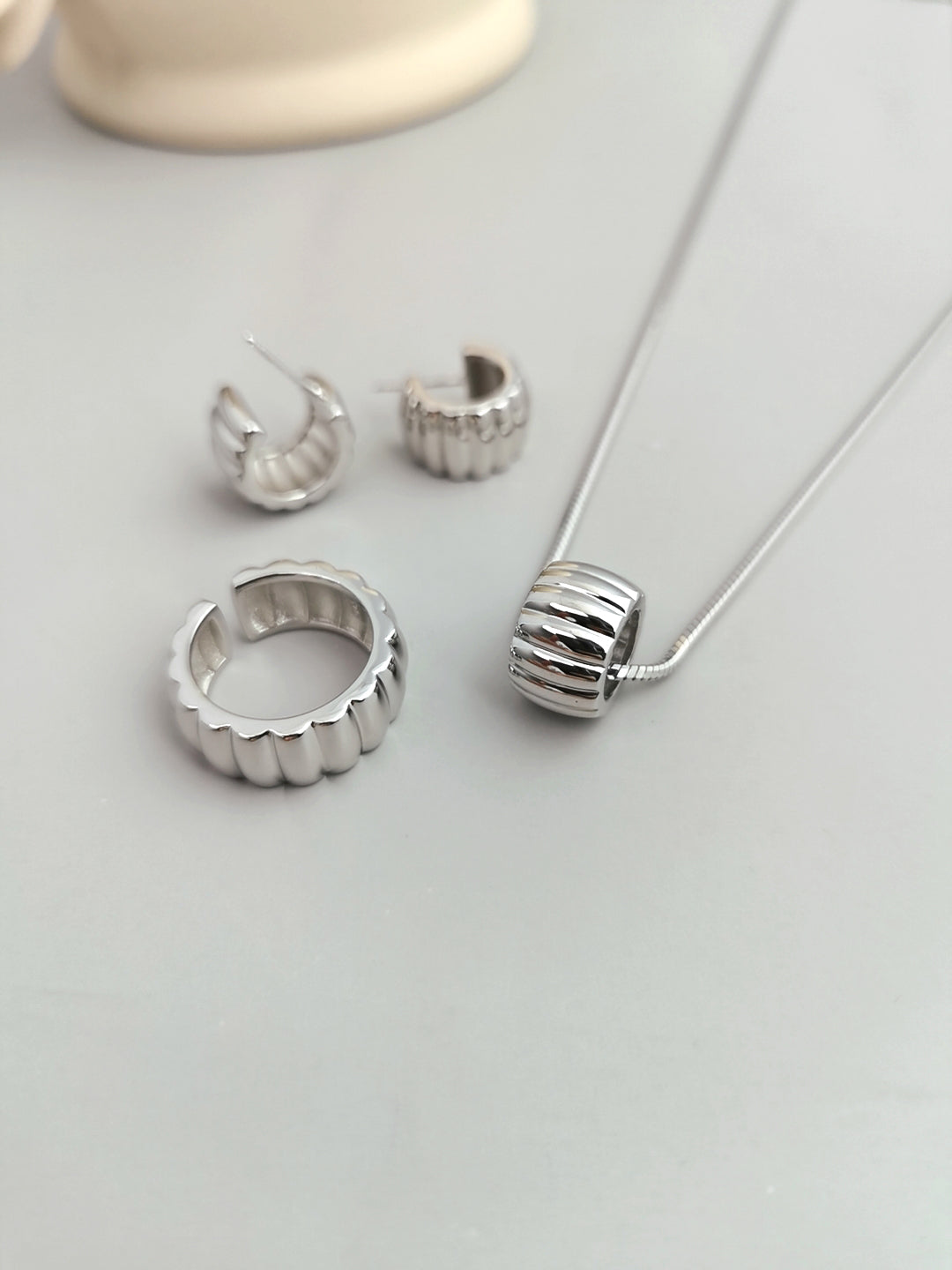 Sleek Gear Series: Pure Silver Earrings Set with Unique Texture