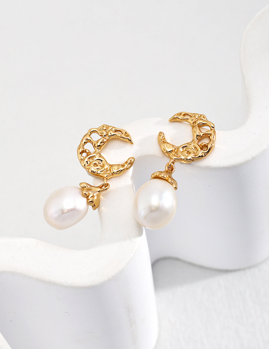 Hollow Moon Natural Pearl Earrings in Antique Gold - 925 Silver Jewellery