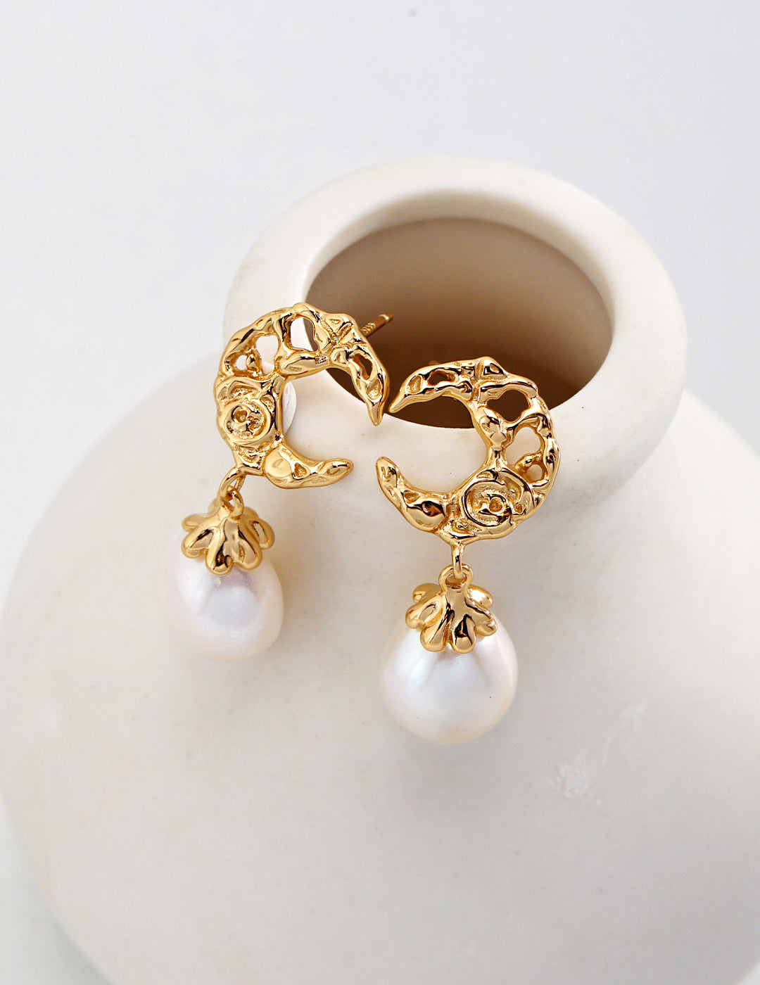 Hollow Moon Natural Pearl Earrings in Antique Gold - 925 Silver Jewellery