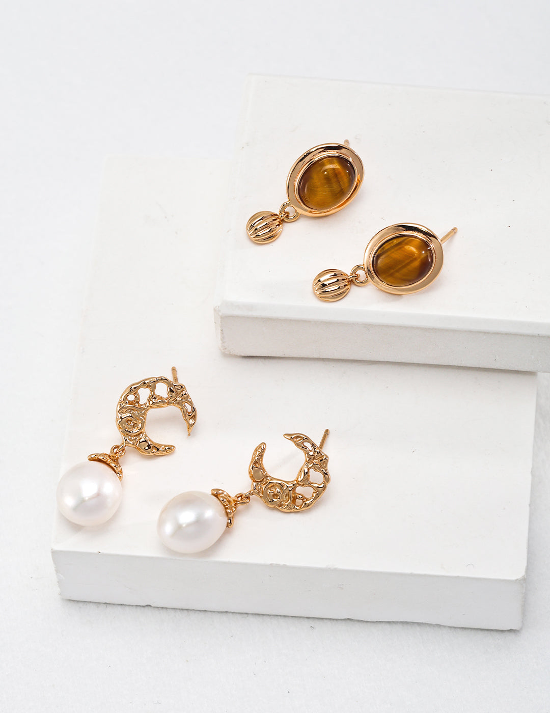 Hollow Moon Natural Pearl Earrings in Antique Gold - 925 Silver Jewellery