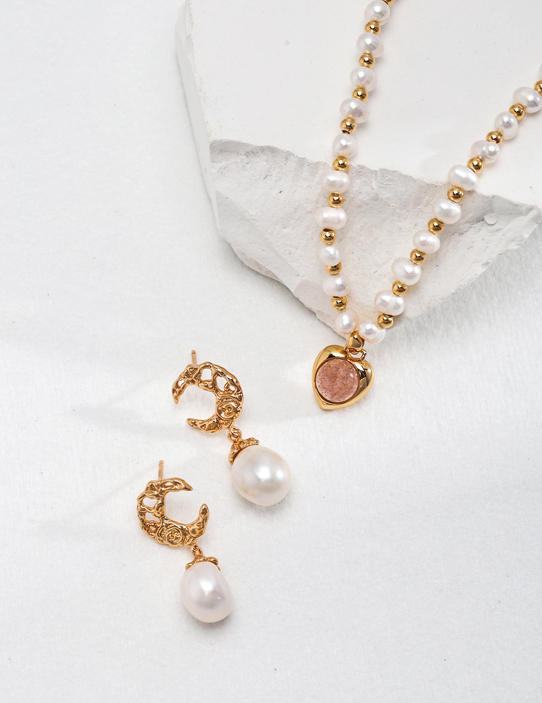 Hollow Moon Natural Pearl Earrings in Antique Gold - 925 Silver Jewellery