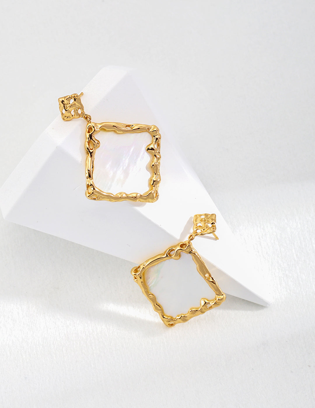 Handcrafted Square Shell Stud Earrings - Artistic Masterpiece in Antique Gold and Mother-of-Pearl