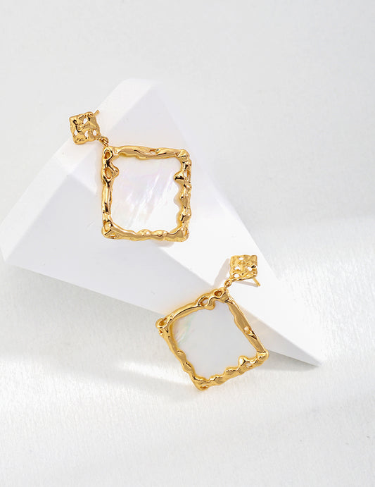 Handcrafted Square Shell Stud Earrings - Artistic Masterpiece in Antique Gold and Mother-of-Pearl