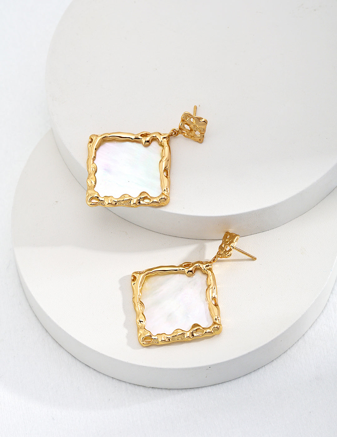 Handcrafted Square Shell Stud Earrings - Artistic Masterpiece in Antique Gold and Mother-of-Pearl