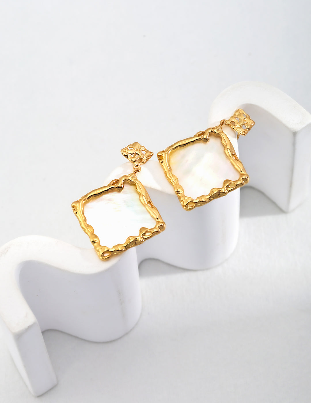 Handcrafted Square Shell Stud Earrings - Artistic Masterpiece in Antique Gold and Mother-of-Pearl