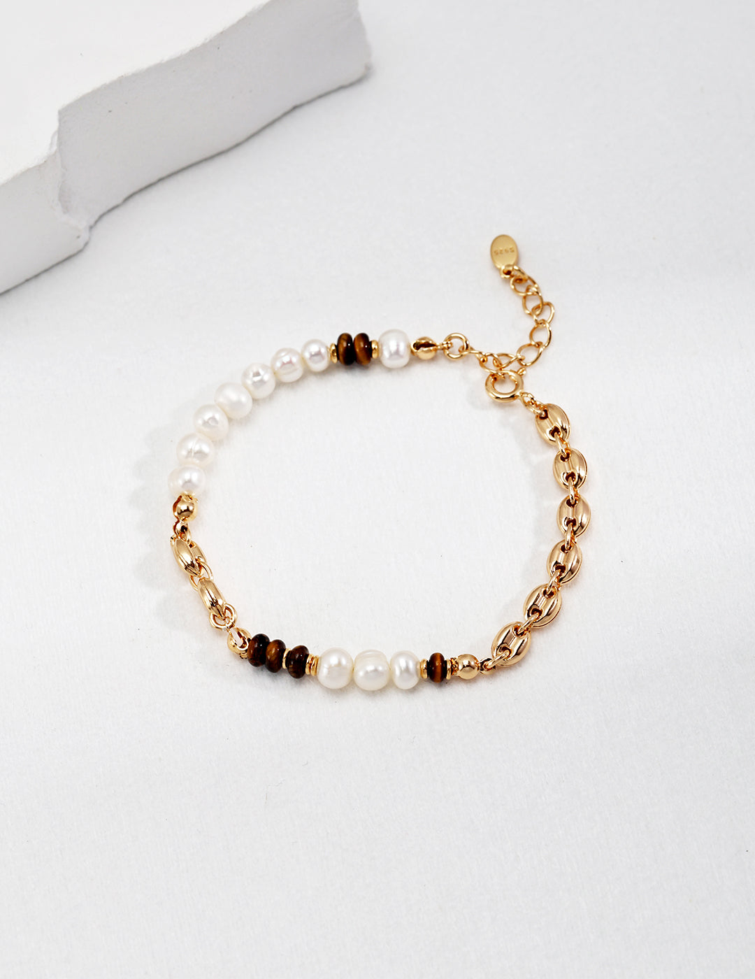 Exquisite 925 Silver Pearl Bracelet with Natural Tiger Eye Stone - Antique Gold Finish