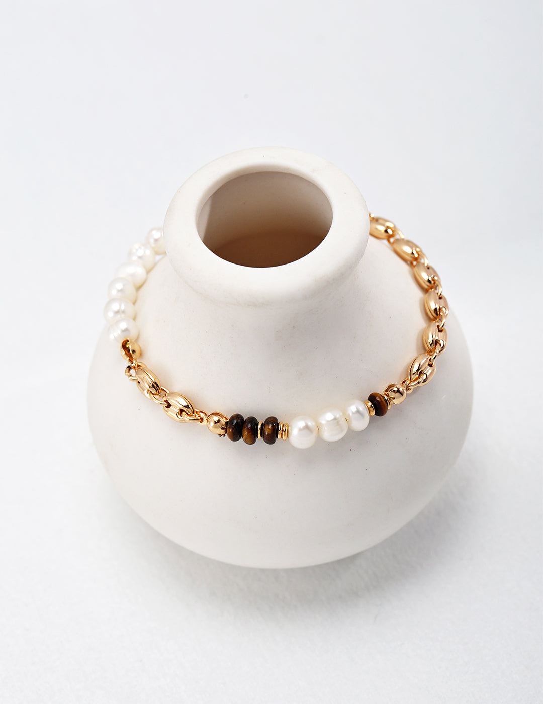 Exquisite 925 Silver Pearl Bracelet with Natural Tiger Eye Stone - Antique Gold Finish