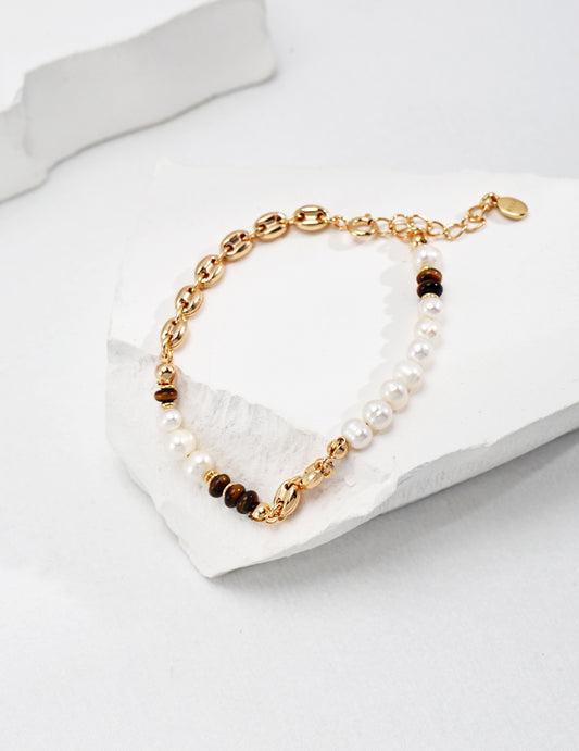 Exquisite 925 Silver Pearl Bracelet with Natural Tiger Eye Stone - Antique Gold Finish