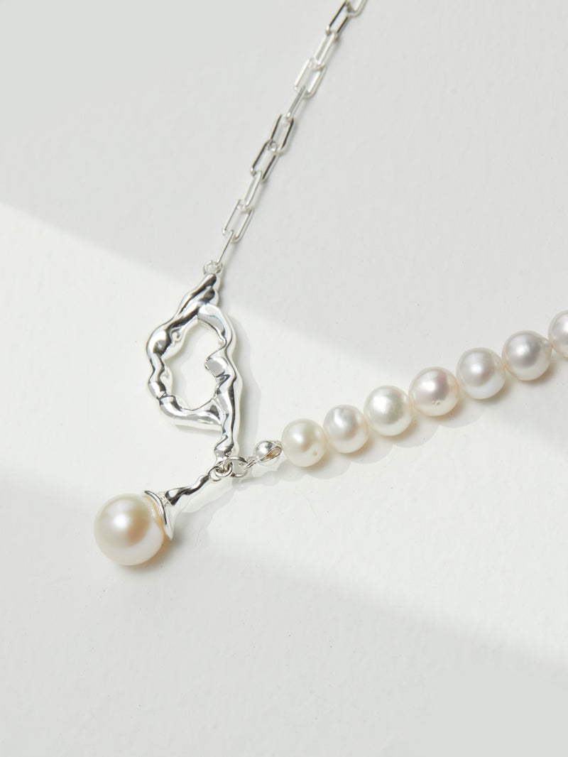 Timeless 10MM Large Pearl and Irregular Silver Tone Necklace and Earrings Set - Elegant Feminine Design