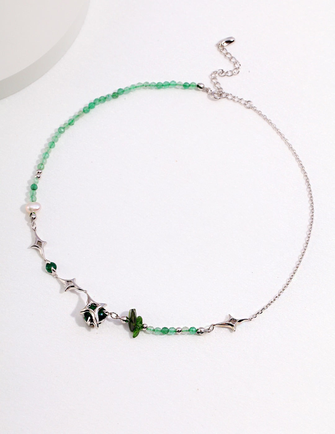 Exquisite Pure Silver Jewelry Set  Neckalce, Earrings and Bracelet with Four-Pointed Star Design and Gemstone Accents