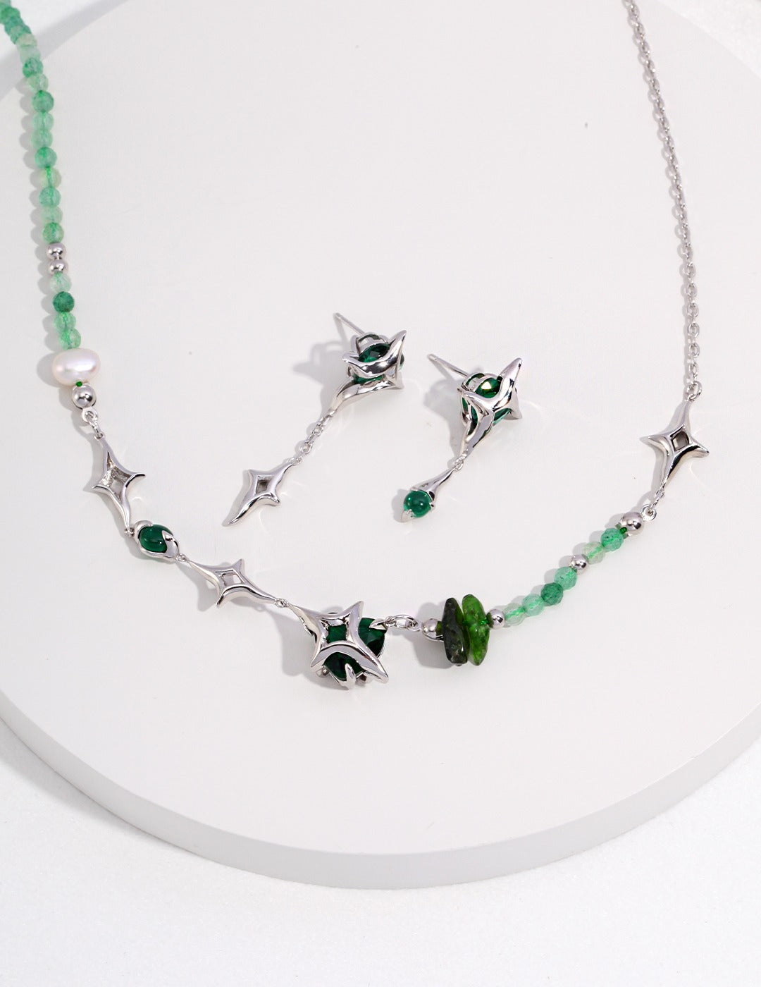 Exquisite Pure Silver Jewelry Set  Neckalce, Earrings and Bracelet with Four-Pointed Star Design and Gemstone Accents