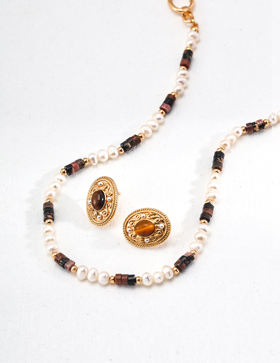 Stunning 925 Silver Tiger Eye Pearl Necklace - Vintage Gold with Natural Pearls