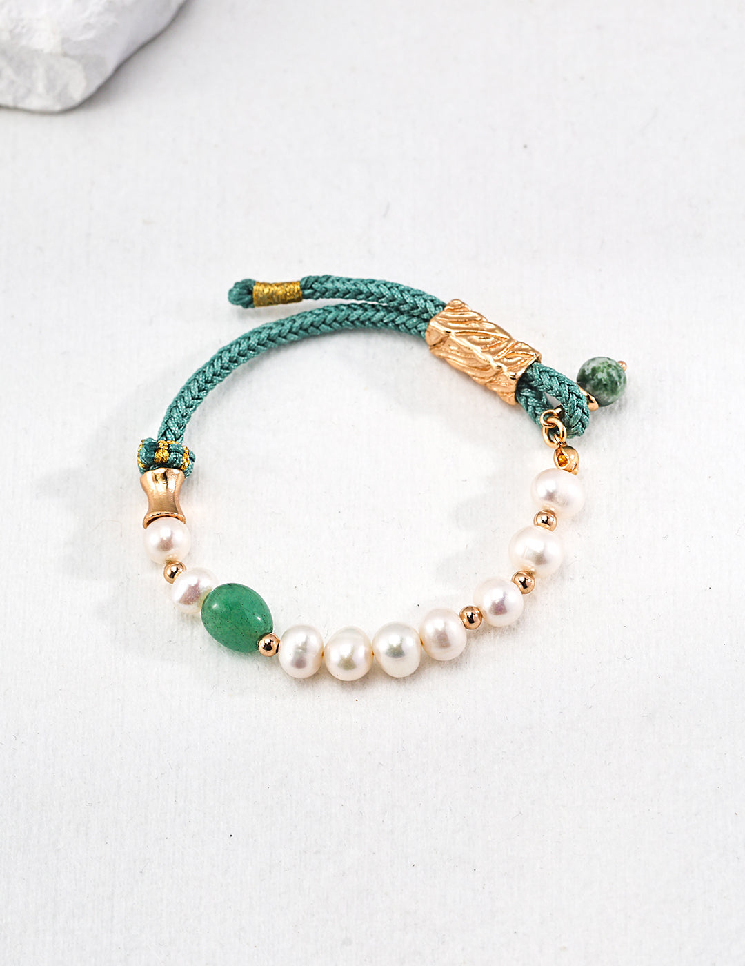 Vintage Gold 925 Sterling Silver Pearl Bracelet with Jade and Green Stone Accents