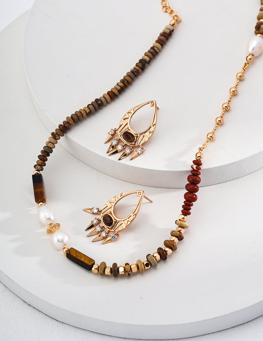 Artistic Chic Silver Summer Island Vacation Style Necklace - Vintage Gold, Natural Pearl, Picture Stone, Tiger Eye Stone, Red Stone