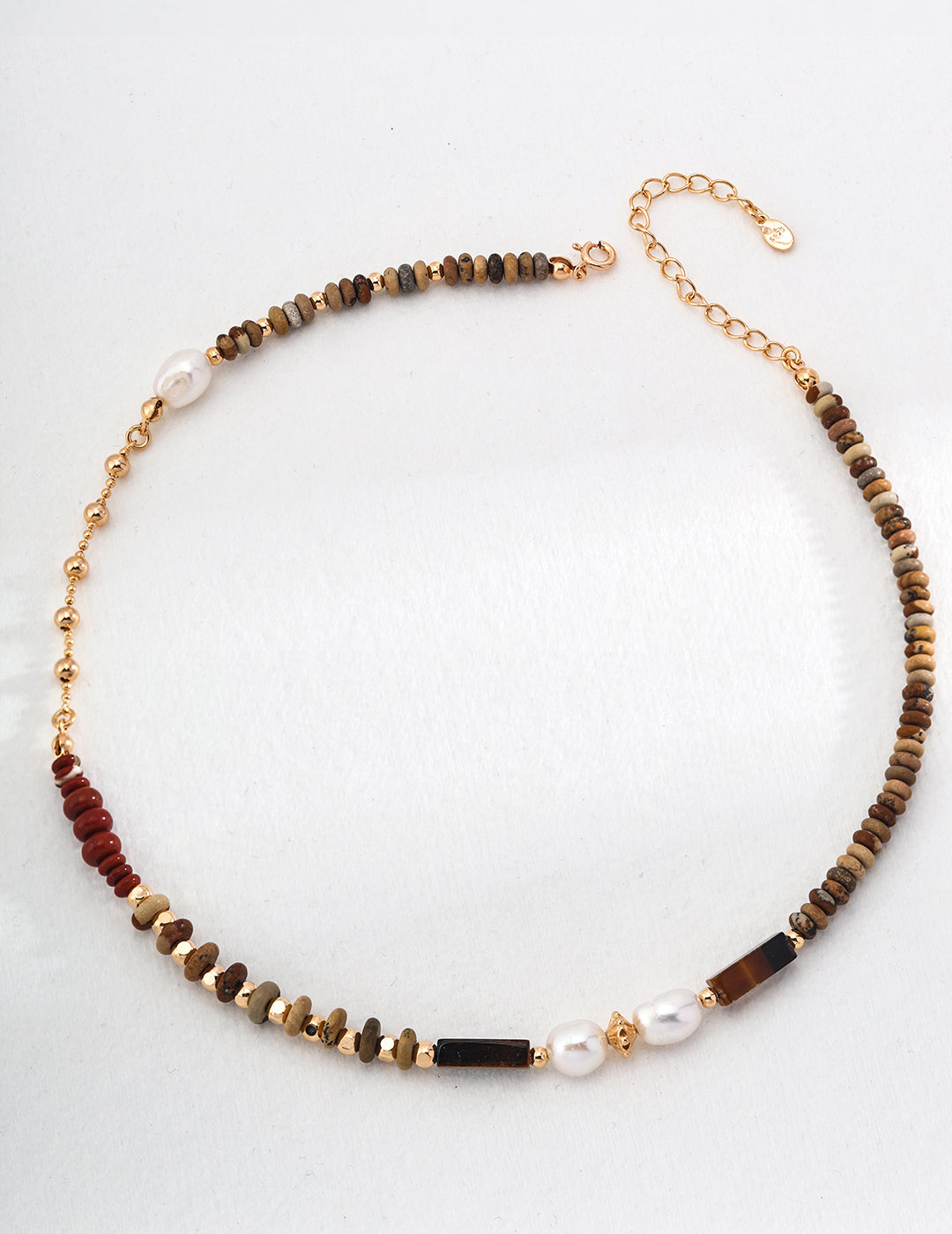 Artistic Chic Silver Summer Island Vacation Style Necklace - Vintage Gold, Natural Pearl, Picture Stone, Tiger Eye Stone, Red Stone