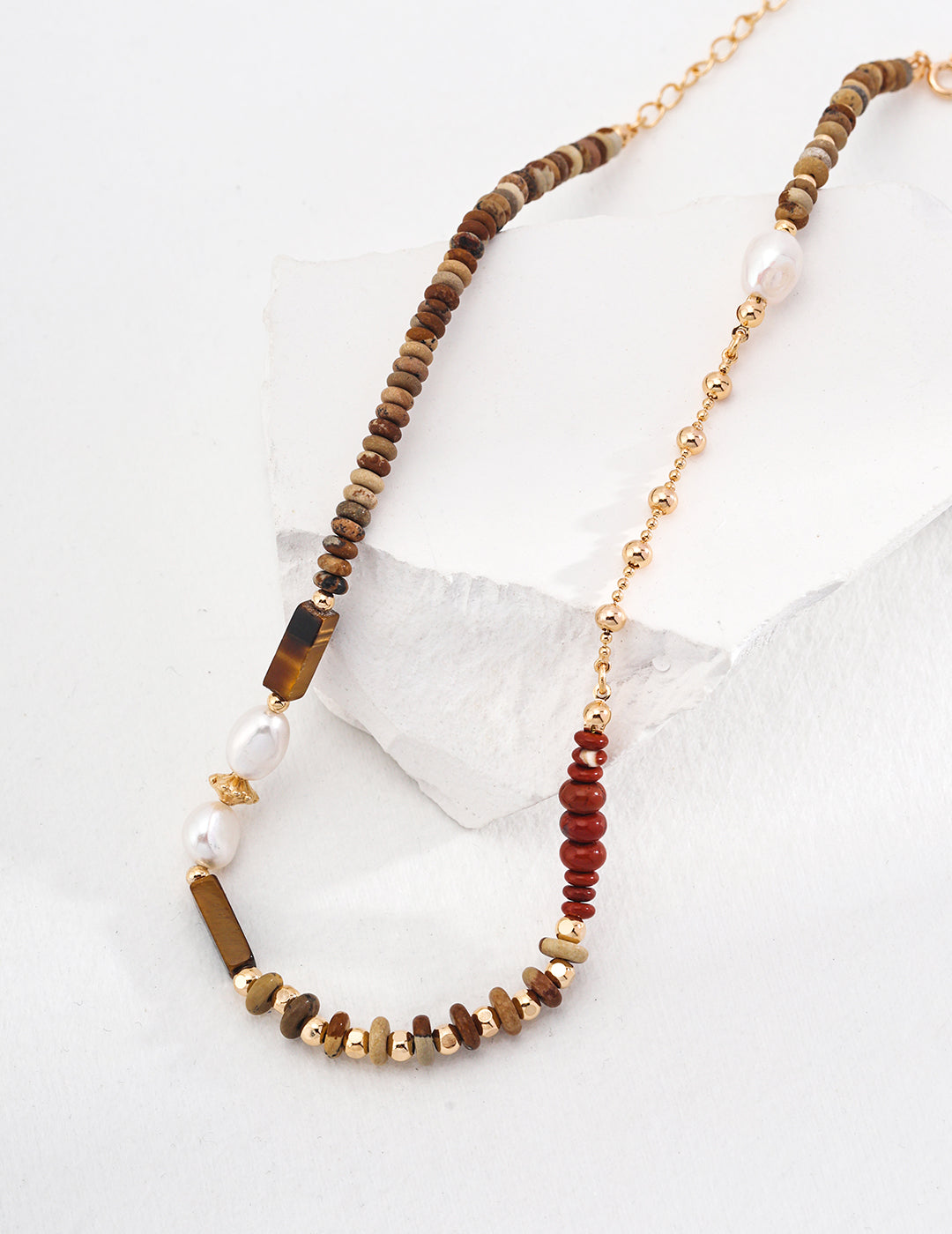 Artistic Chic Silver Summer Island Vacation Style Necklace - Vintage Gold, Natural Pearl, Picture Stone, Tiger Eye Stone, Red Stone