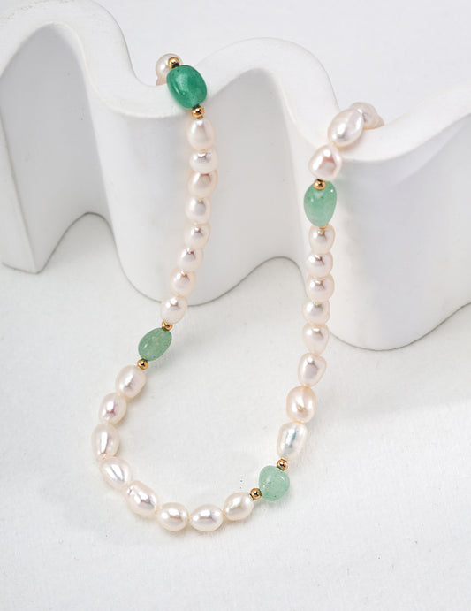 Silver Natural Pearl Necklace - Vintage Gold, Pearls, Jade, 38cm+6cm Chain