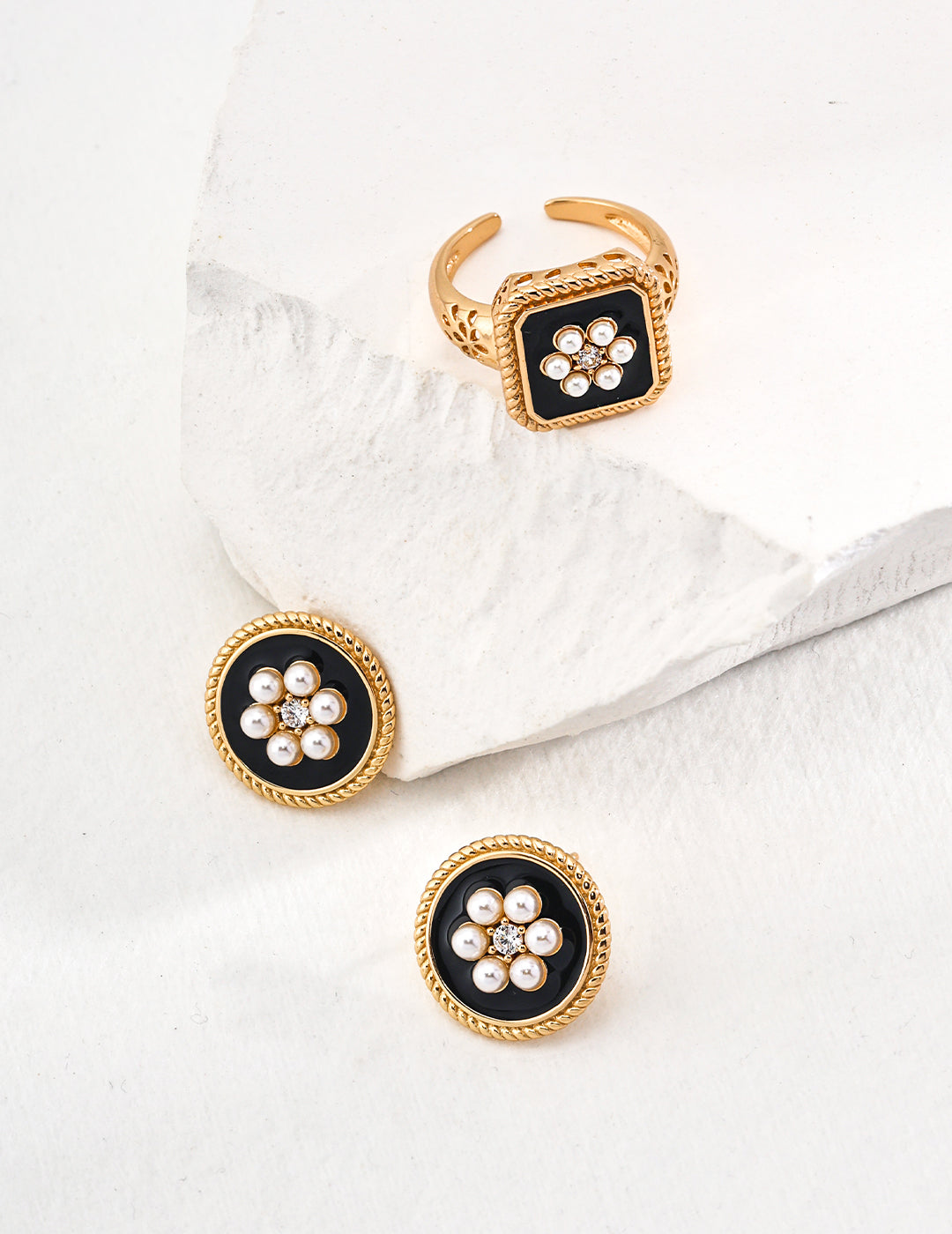 Silver Imitation Pearl Earrings and Ring Set - Retro Gold Jewelry