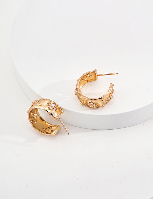 Gold Hoop Earrings with Clear Gemstone Accents - Vintage Style