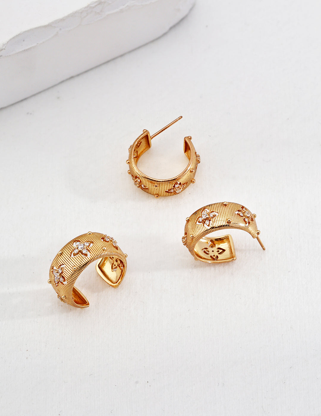 Gold Hoop Earrings with Clear Gemstone Accents - Vintage Style