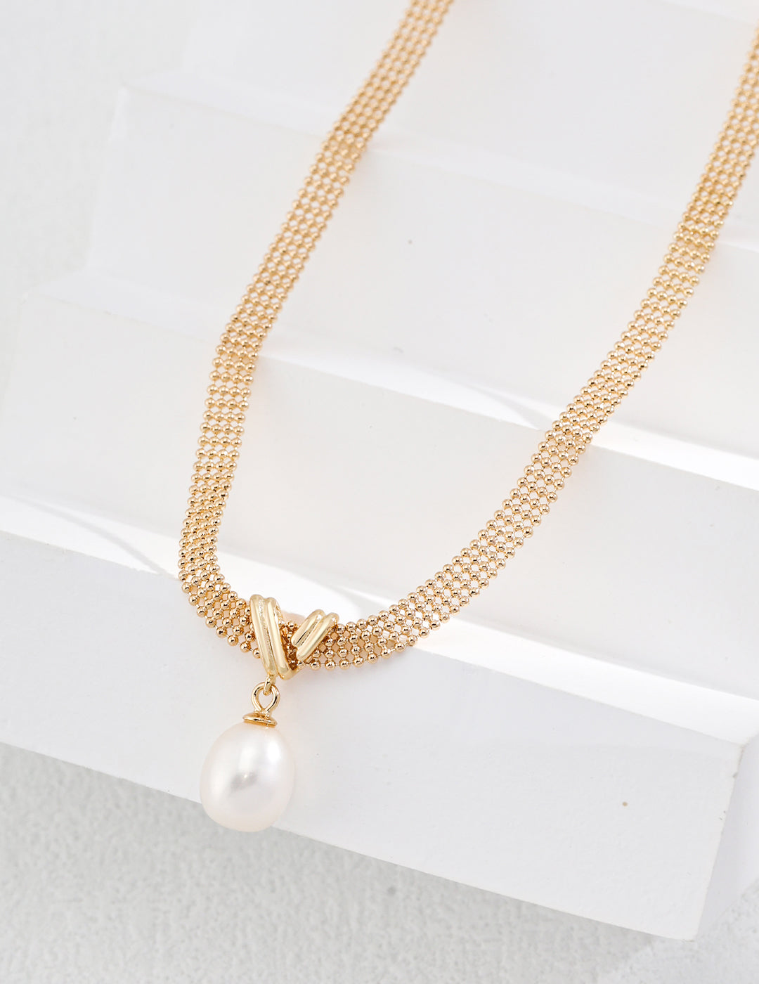 Elegant 925 Silver and Natural Pearl Vintage Gold Necklace - 36cm Chain + 6cm Extender