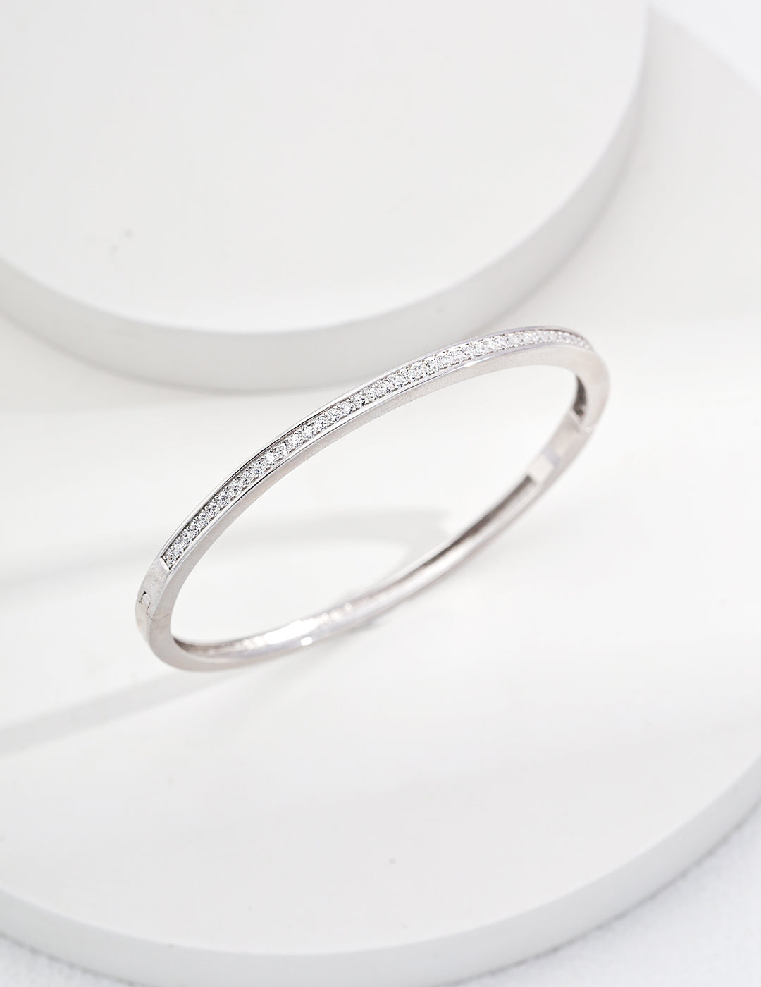 Minimalist 925 Silver Bangle with Zircon Stones - White Gold Color, 18cm Length