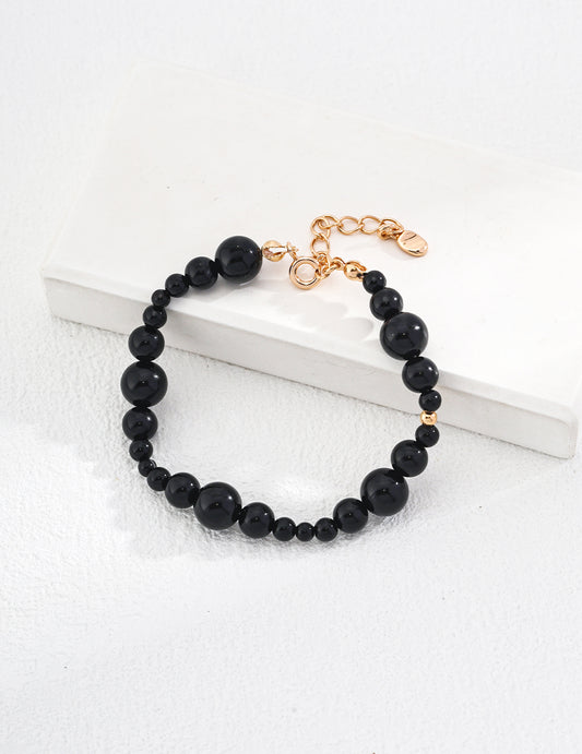 Sterling Silver and Black Agate Vintage Gold Beaded Bracelet - 16cm Chain with 3cm Extension