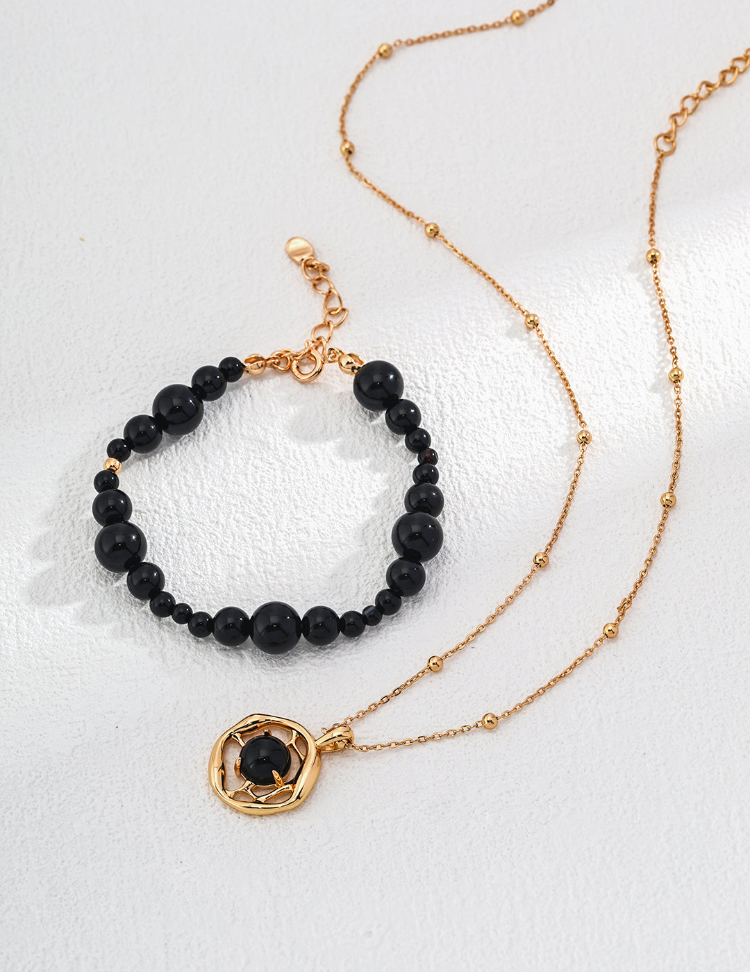 Sterling Silver and Black Agate Vintage Gold Beaded Bracelet - 16cm Chain with 3cm Extension