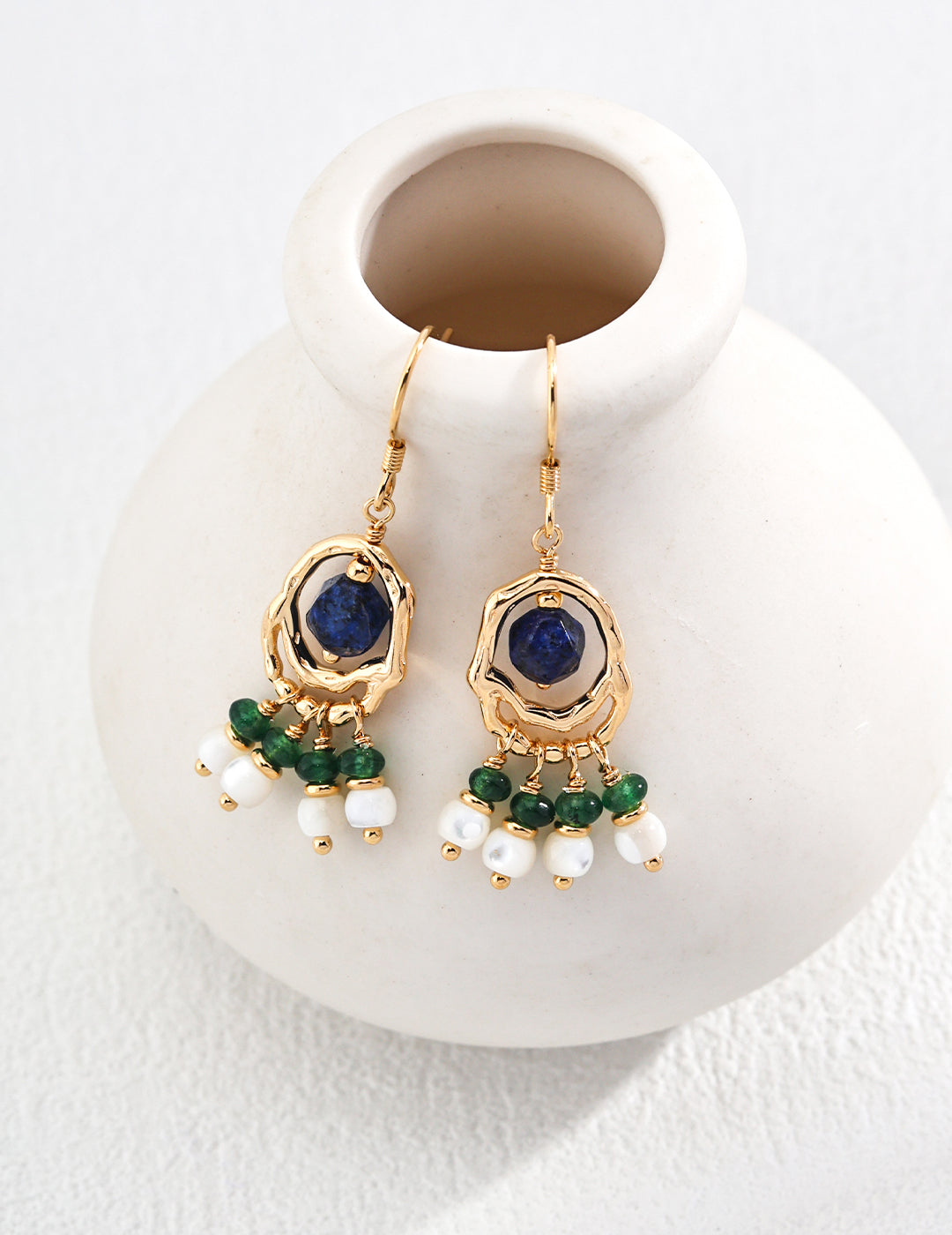 Elegant Vintage 925 Silver Earrings with Mother of Pearl, Lapis Lazuli, and Emerald - 4cm Height