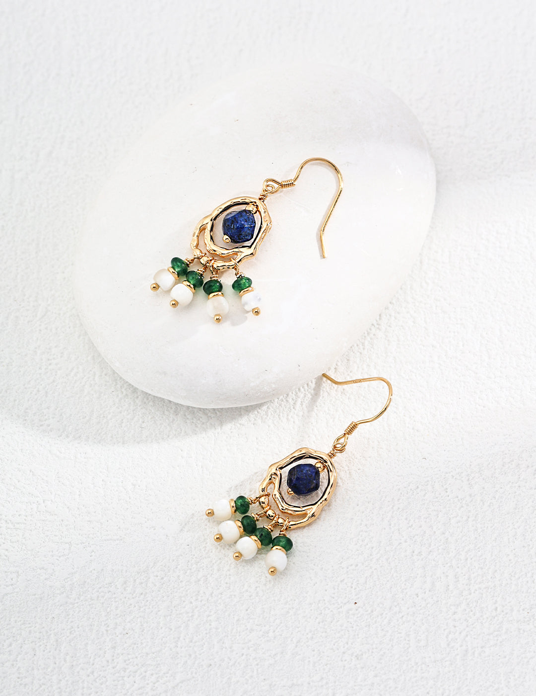 Elegant Vintage 925 Silver Earrings with Mother of Pearl, Lapis Lazuli, and Emerald - 4cm Height