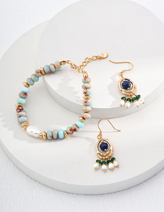 Elegant Vintage 925 Silver Earrings with Mother of Pearl, Lapis Lazuli, and Emerald - 4cm Height