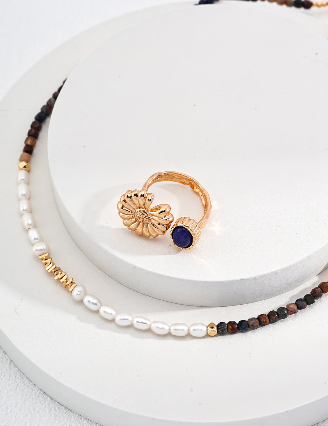 Vintage 925 Sterling Silver Necklace with Natural Pearls, Lapis Lazuli, and Tiger's Eye