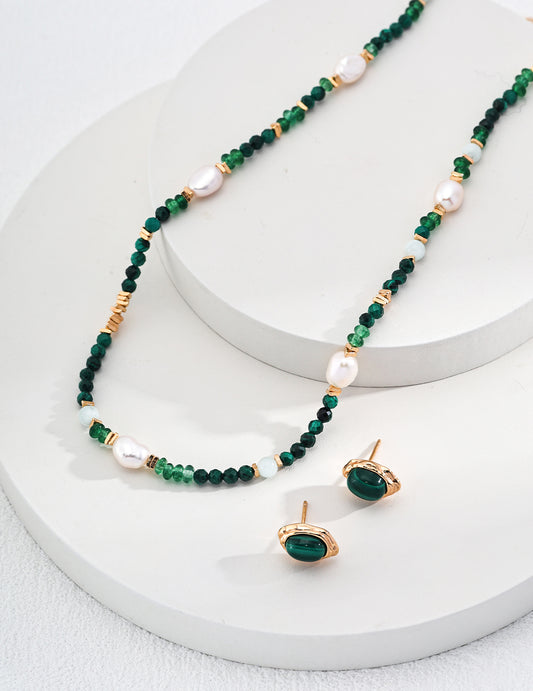 Vintage Gold Silver Pearl Necklace with Peacock Stone and Synthetic Emerald | 925 Silver Jewellery