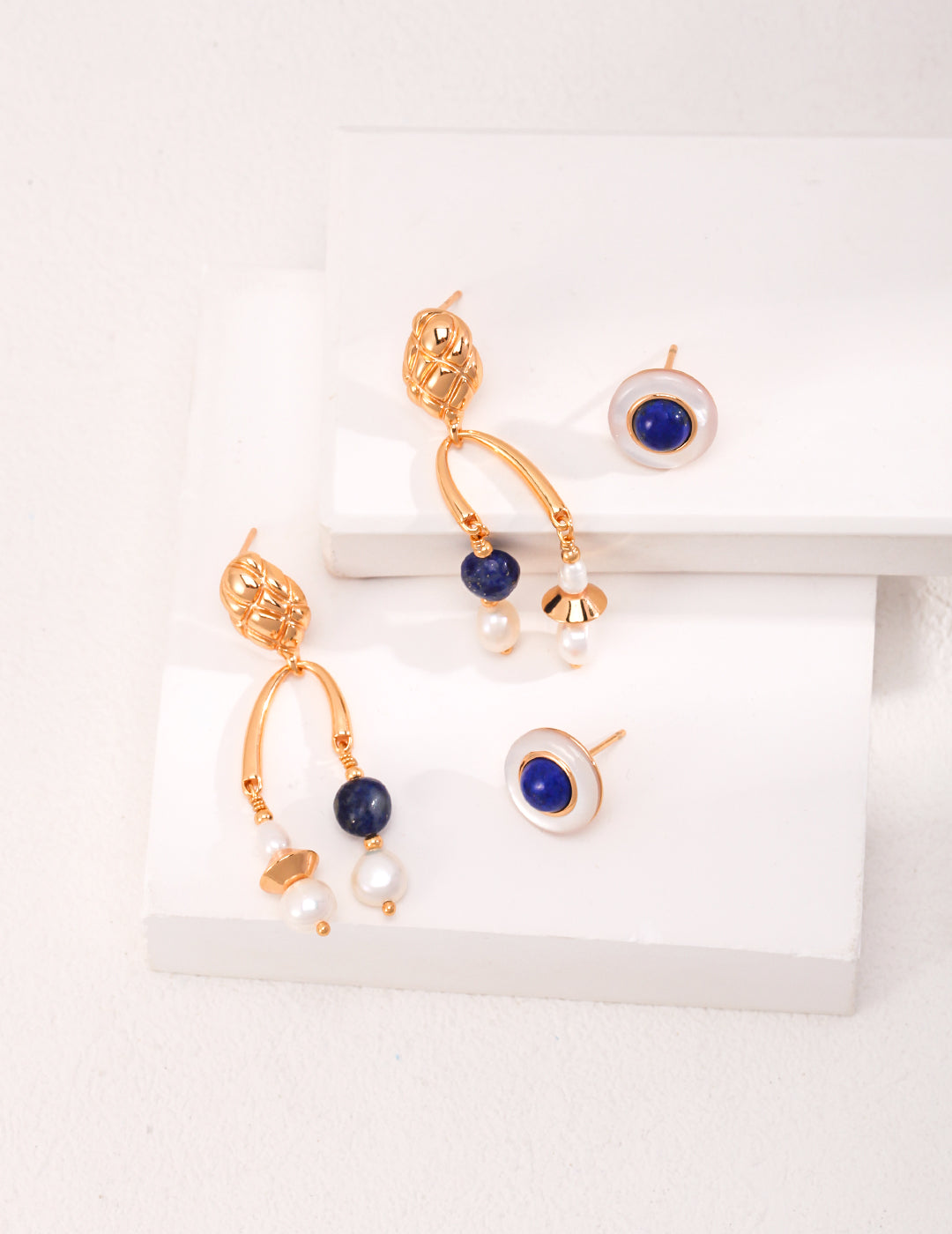 Enchanting Vintage Gold 925 Silver Pearl and Lapis Lazuli Asymmetric Earrings