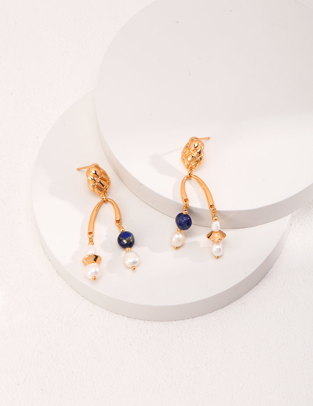 Enchanting Vintage Gold 925 Silver Pearl and Lapis Lazuli Asymmetric Earrings