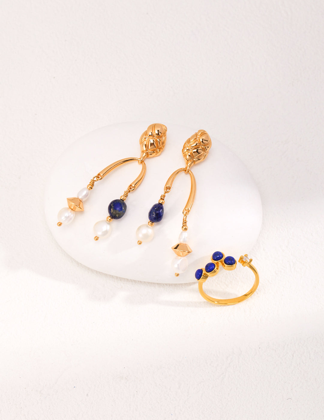 Enchanting Vintage Gold 925 Silver Pearl and Lapis Lazuli Asymmetric Earrings