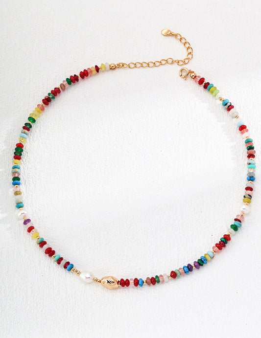 925 Elegant Silver Necklace with Natural Pearls and Colorful Gemstones - Vintage Gold Finish